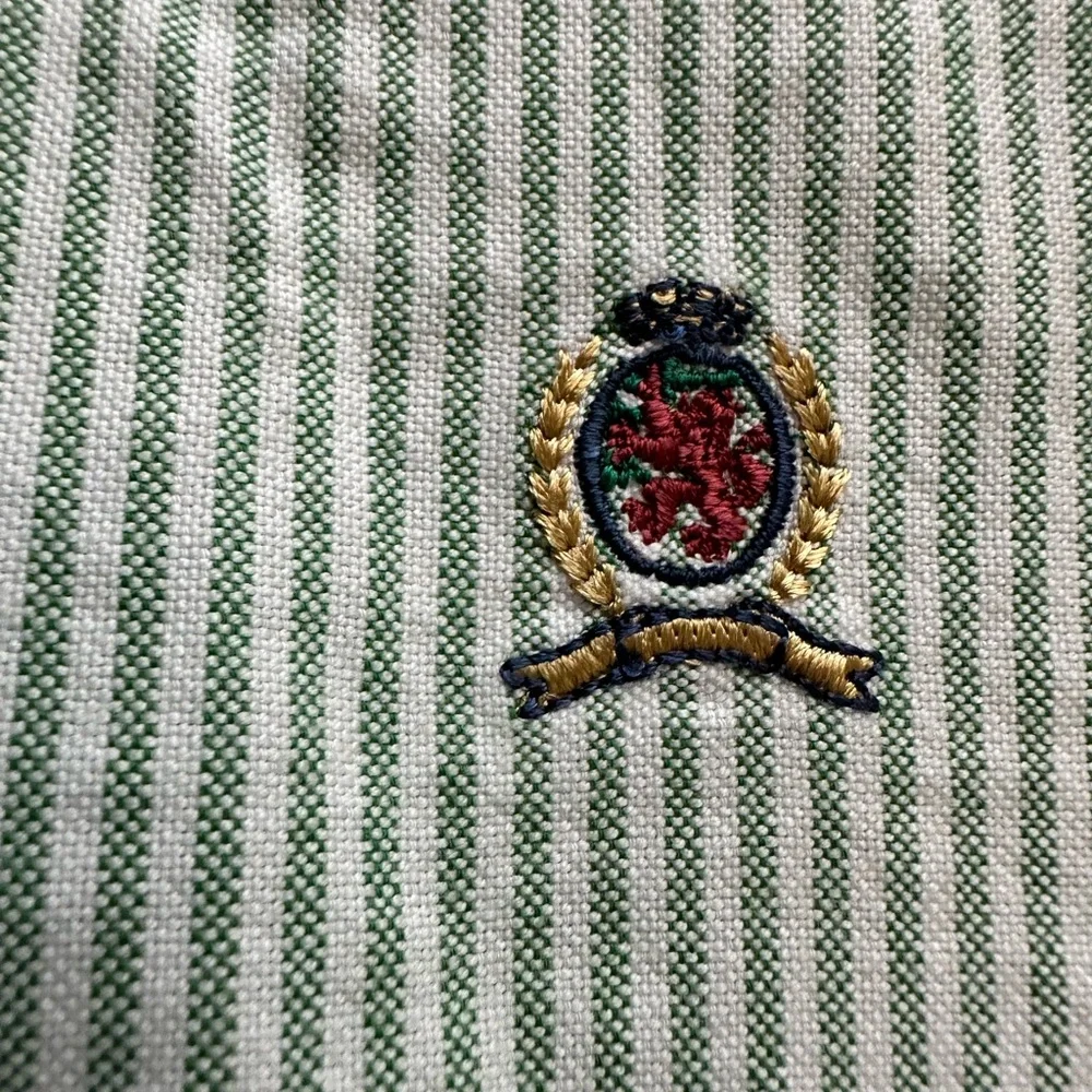 Tommy Hilfiger Oxford Green Striped Shirt Original Crest Logo Men's MEDIUM - Picture 3 of 10